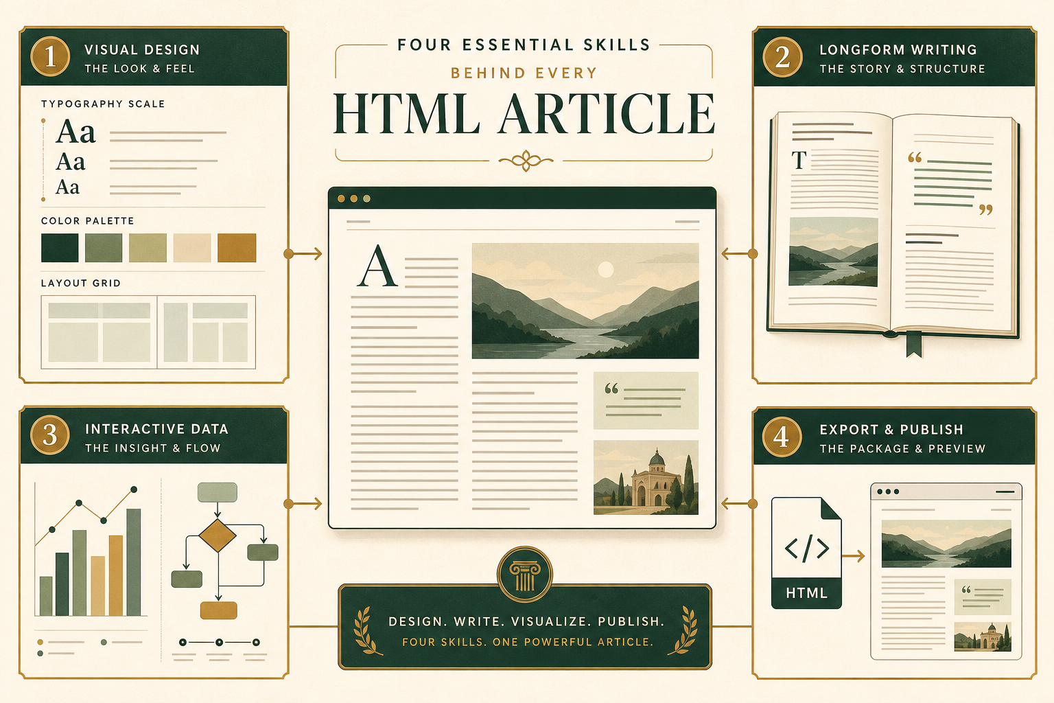 四个 HTML skill 围绕一篇 HTML 文章分工协作的信息图